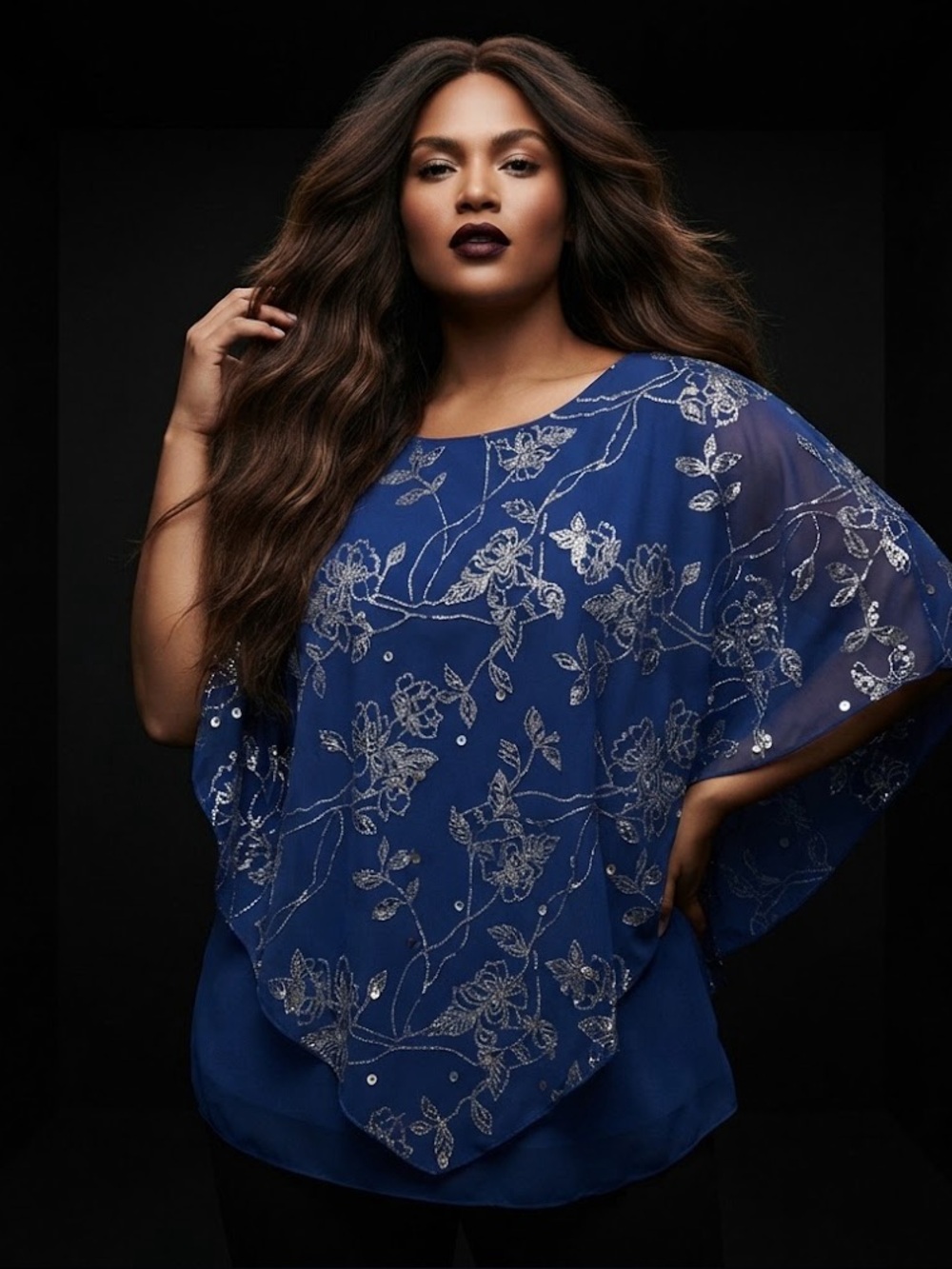 SL Fashions Navy Floral Sequin Poncho Overlay Blouse
